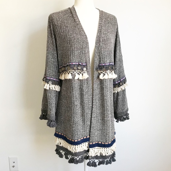 SHEIN Grey Marled Knit Embroidered Tassel Cardigan - Picture 7 of 7